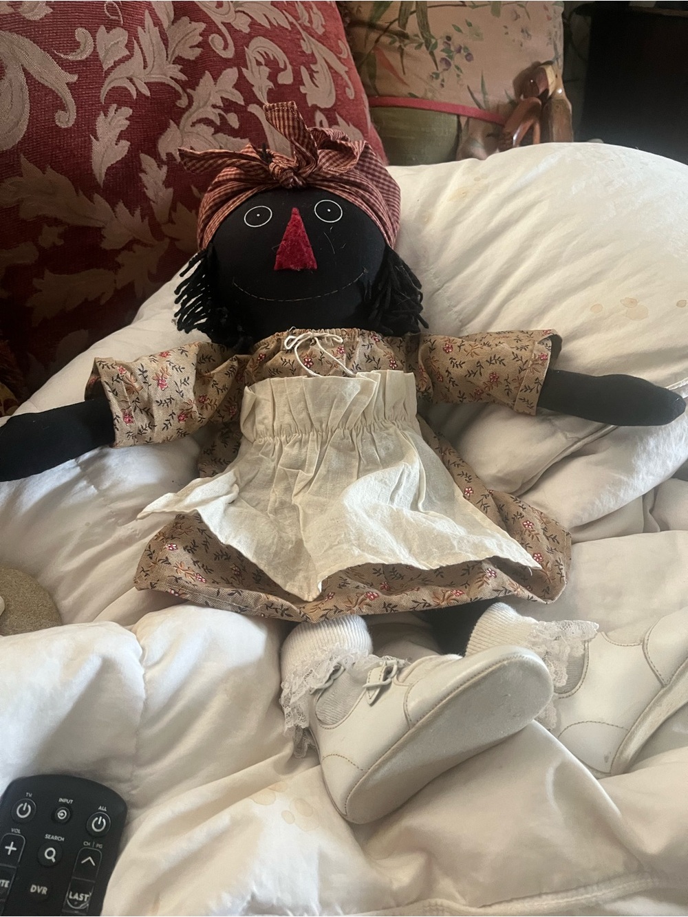 Handmade Black Fabric Rag Doll with Cream Apron and Brown Dress